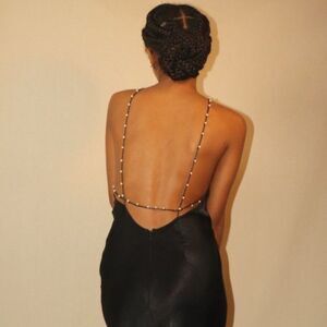 Zara Black Satin Halter Backless Dress with Pearl Straps